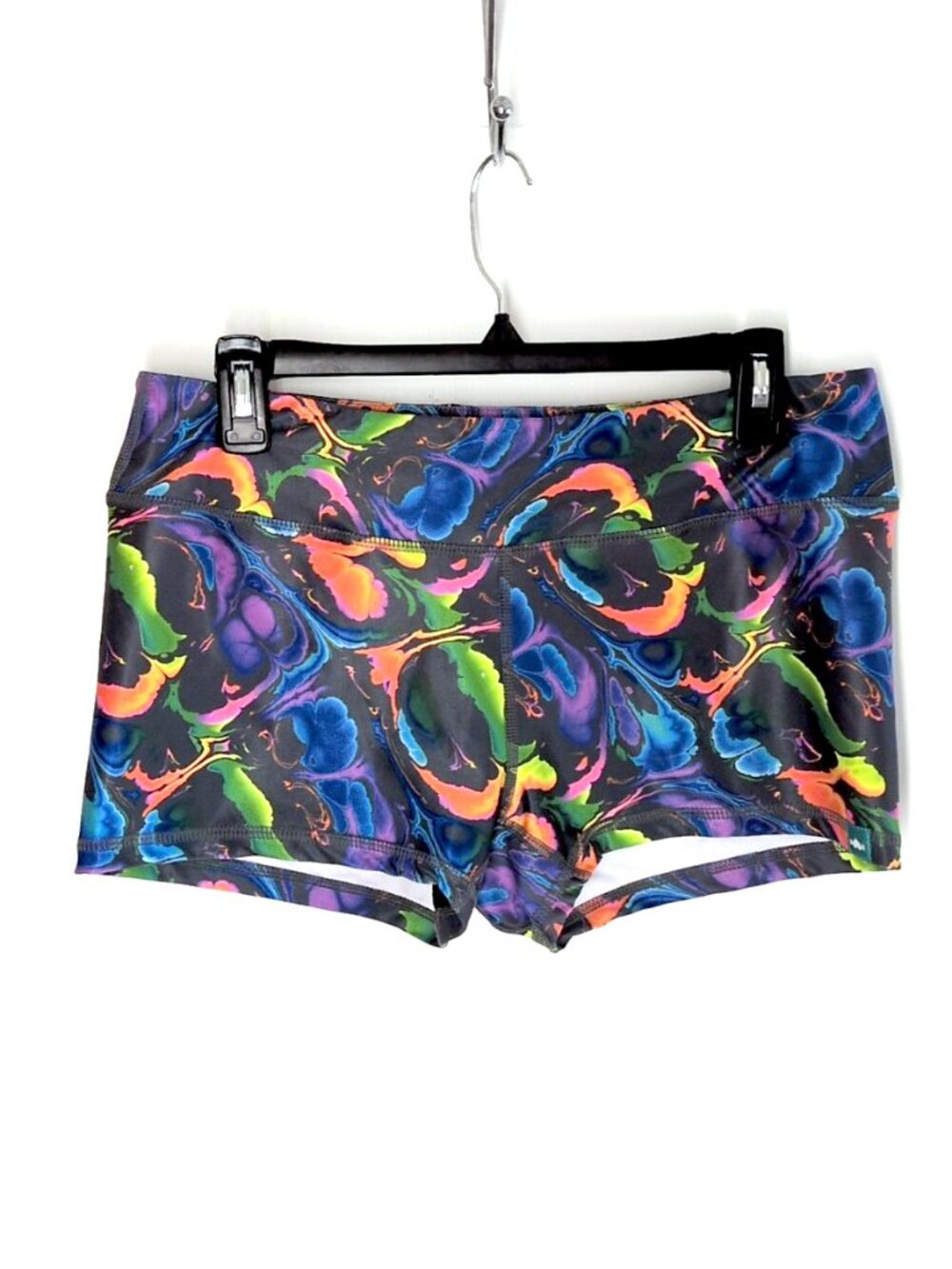 WodBottom rainbow paint pattern gym shorts XL 2.5" orange/blue/green mid rise